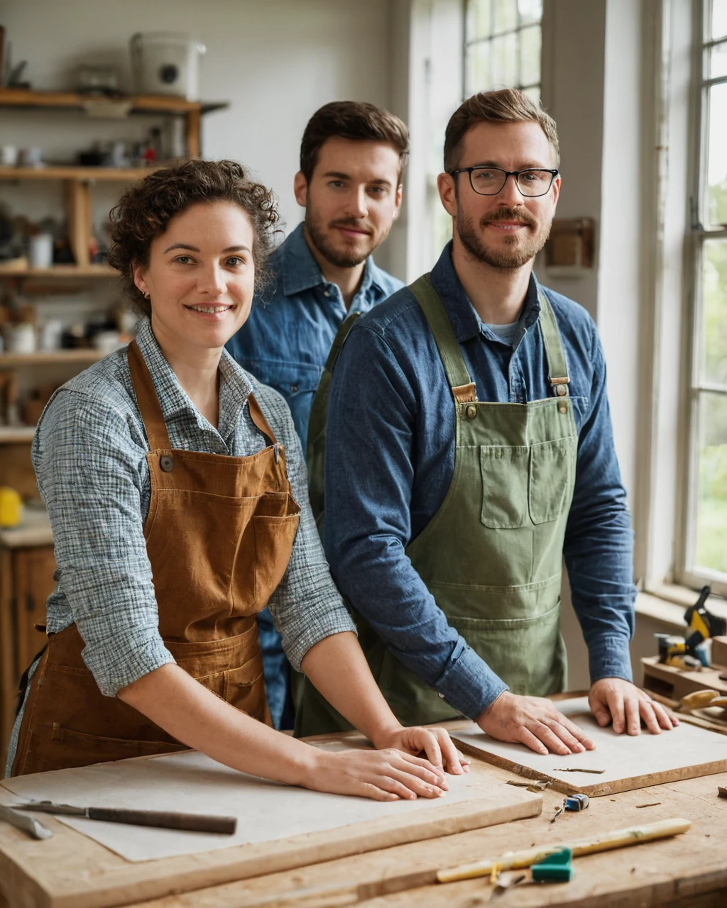 Three woodworkers in aprons smiling at camera in a workshop with tools