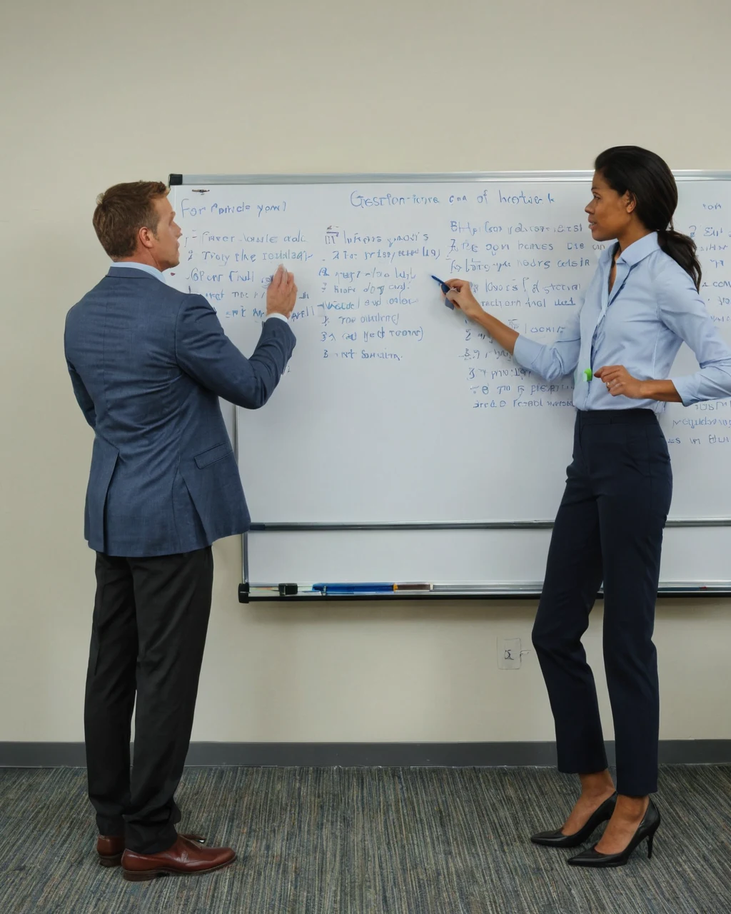 Two business professionals writing on a whiteboard during a meeting