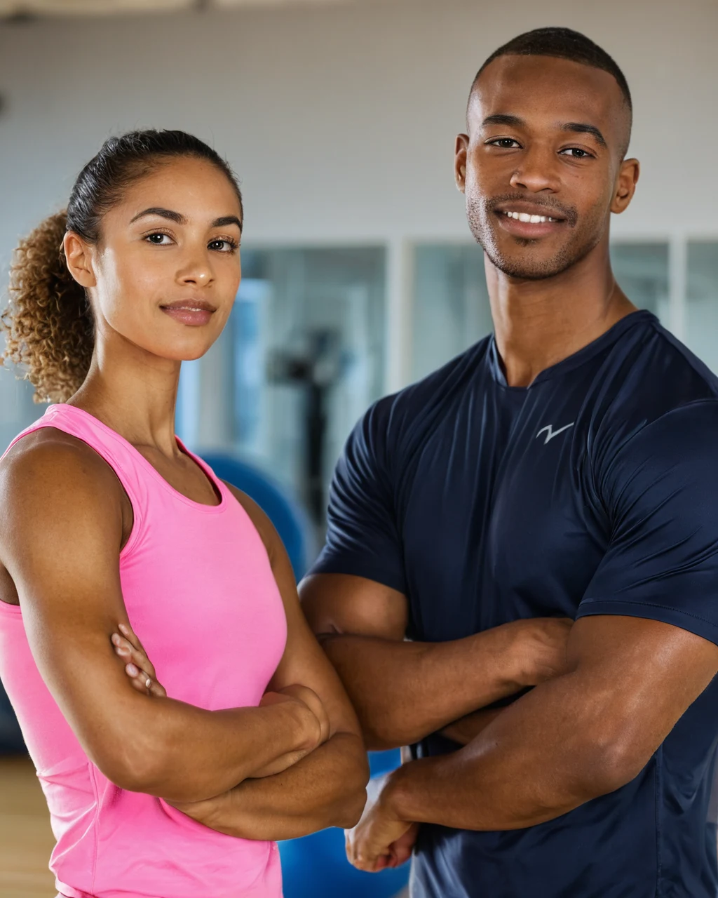Two fit individuals in workout clothes standing with arms crossed