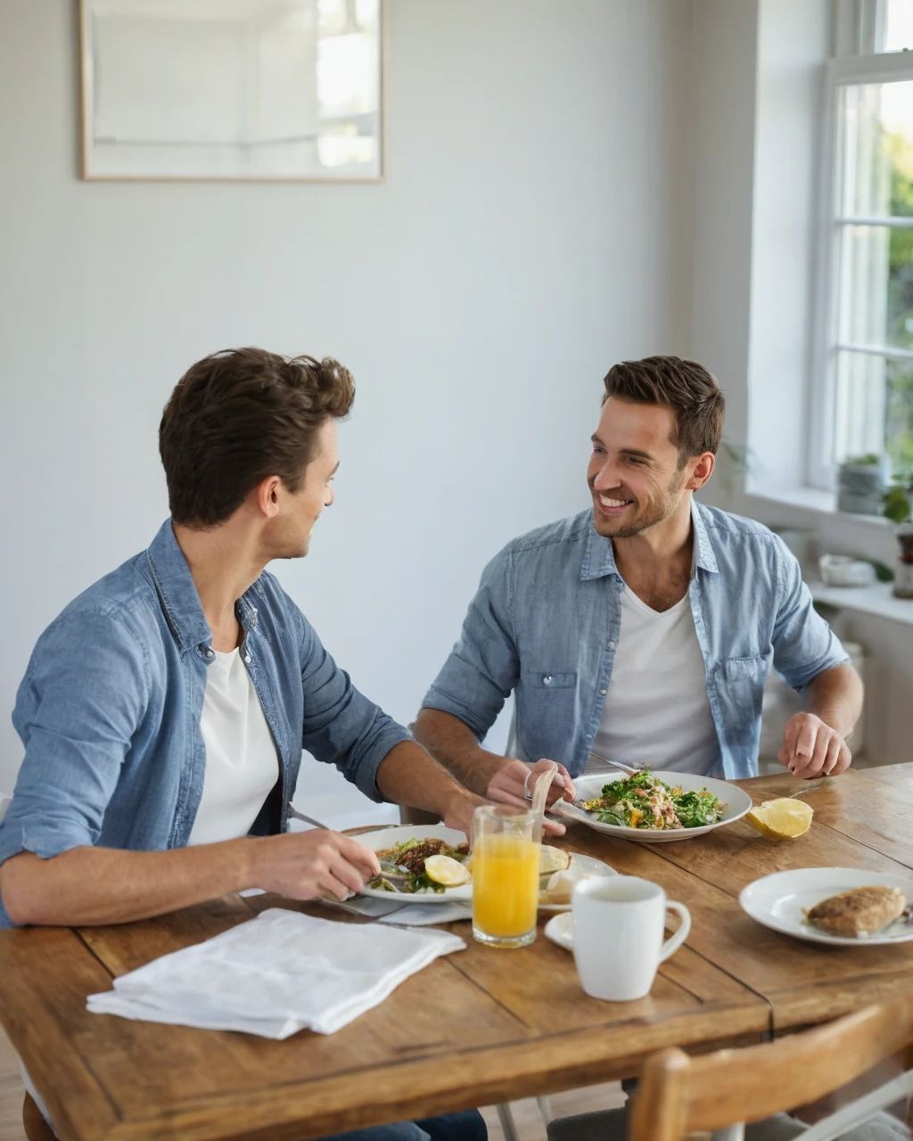 Two men eating salad and drinking orange juice at a wooden dining table