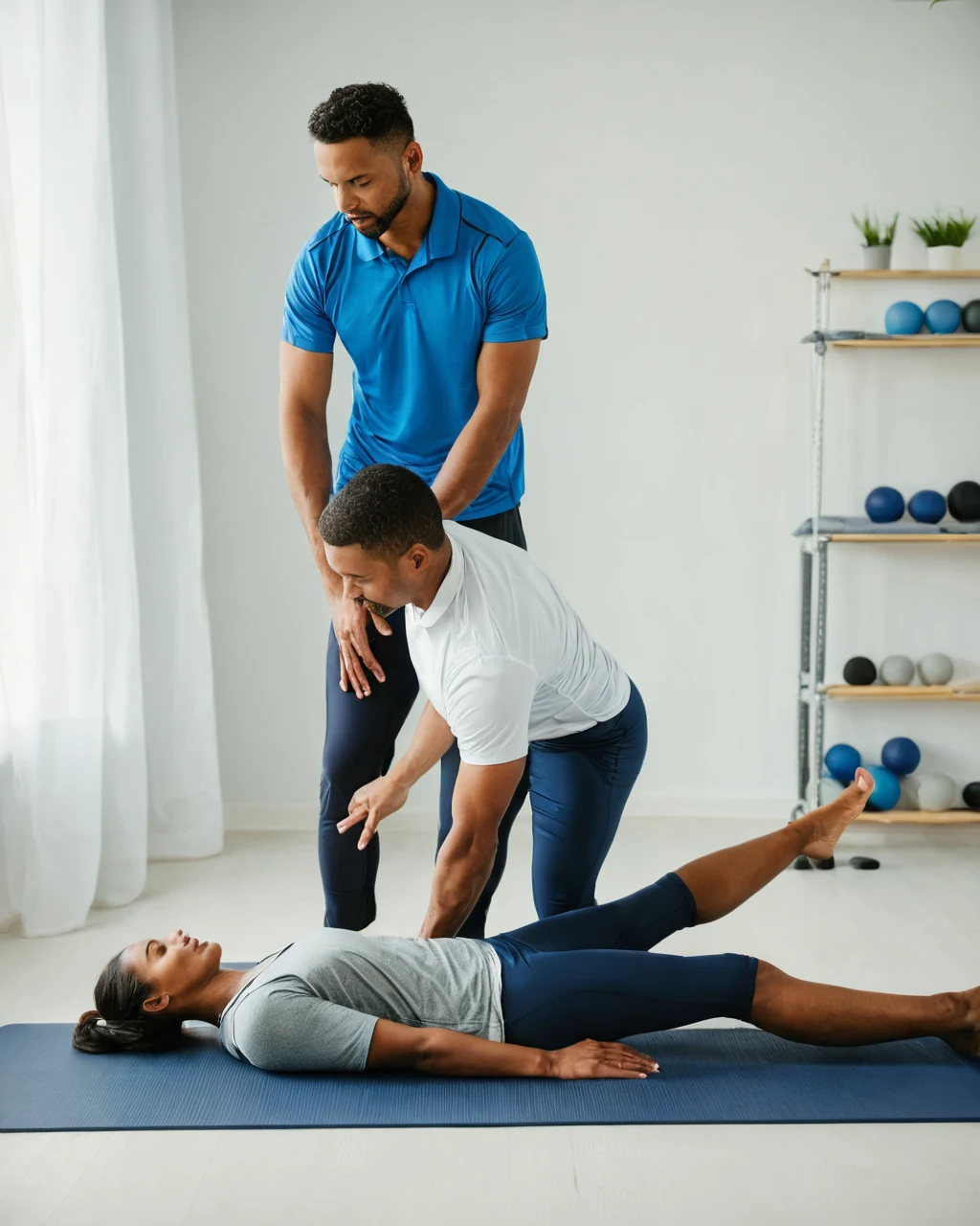 Two men guiding a woman through a leg stretch on a blue yoga mat