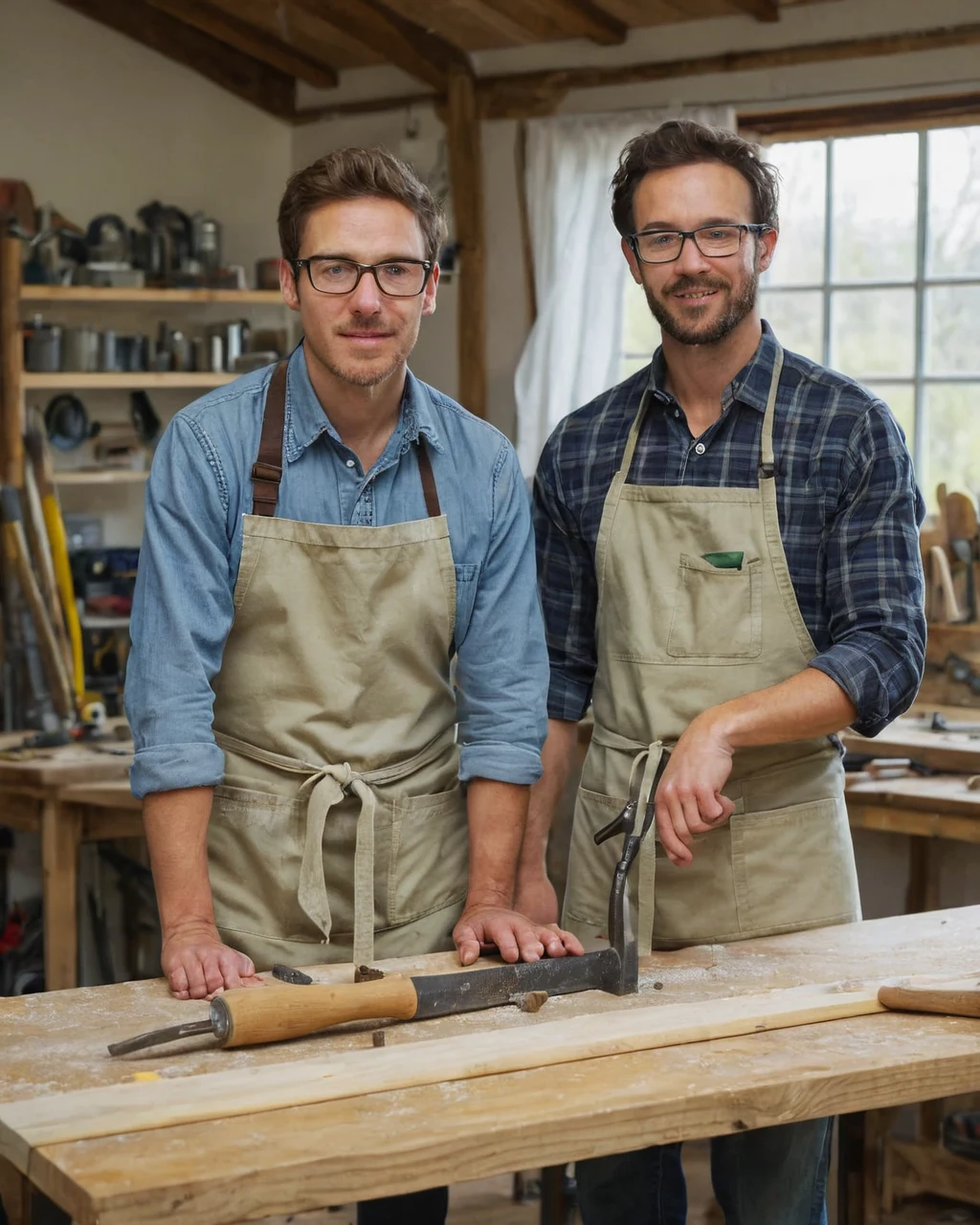 Two men in aprons smiling at camera in woodworking shop with saw