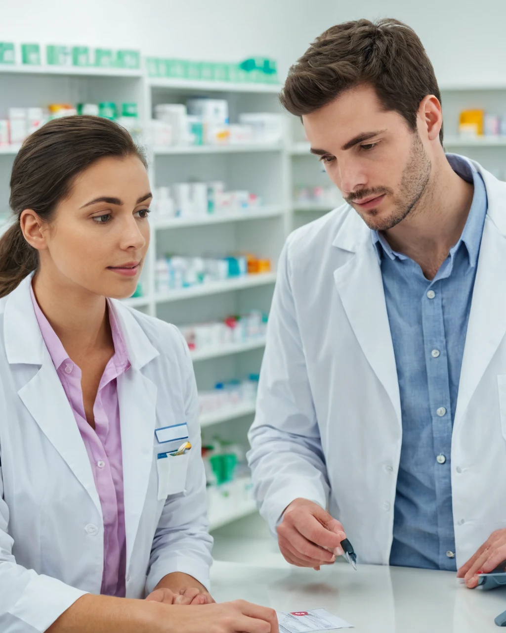 Two pharmacists reviewing a prescription in a pharmacy with medicine