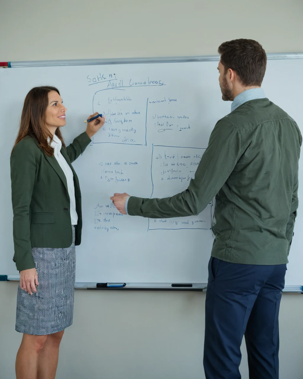 Two professionals collaborating on a whiteboard during a business