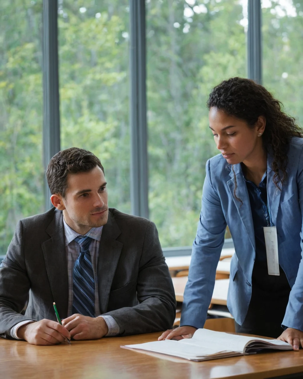 Two professionals reviewing a book at a wooden desk near a window