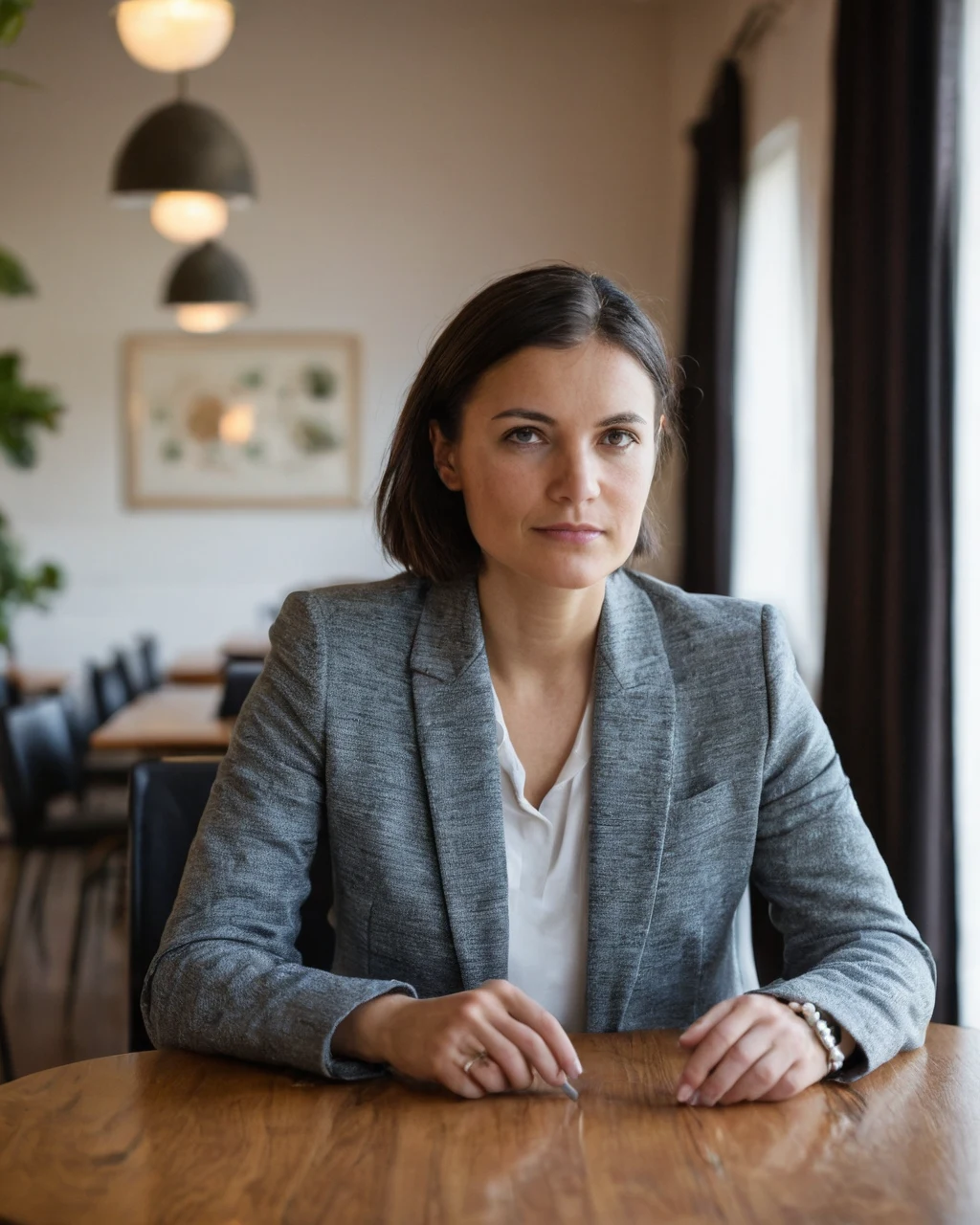 A woman in a gray blazer sits at a wooden table in a cafe with soft