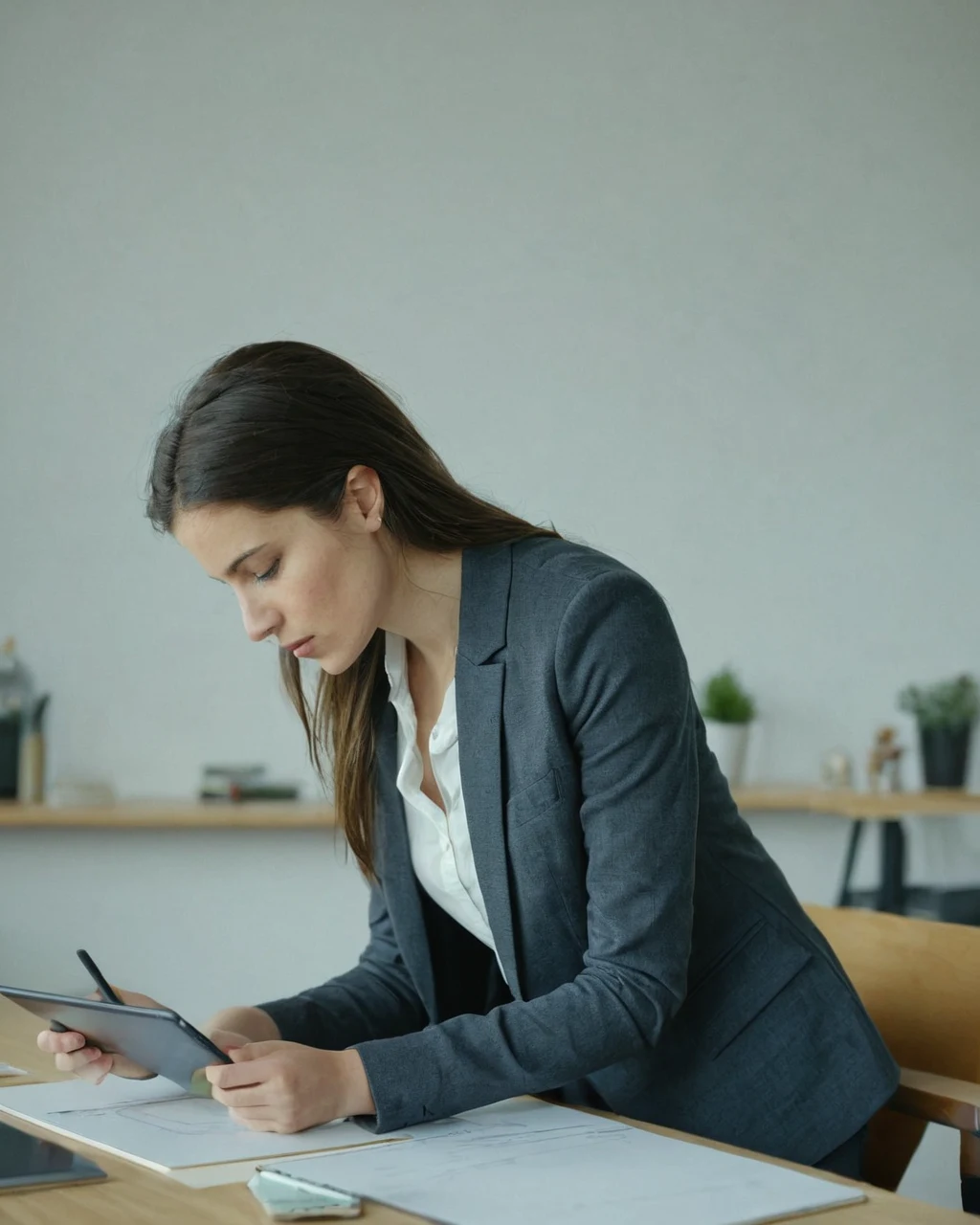 A woman in a grey blazer uses a tablet and stylus at a wooden desk