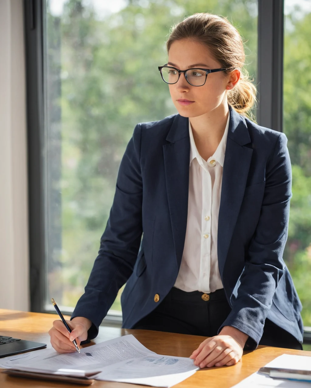A woman in a navy blazer and glasses reviews documents at a wooden desk