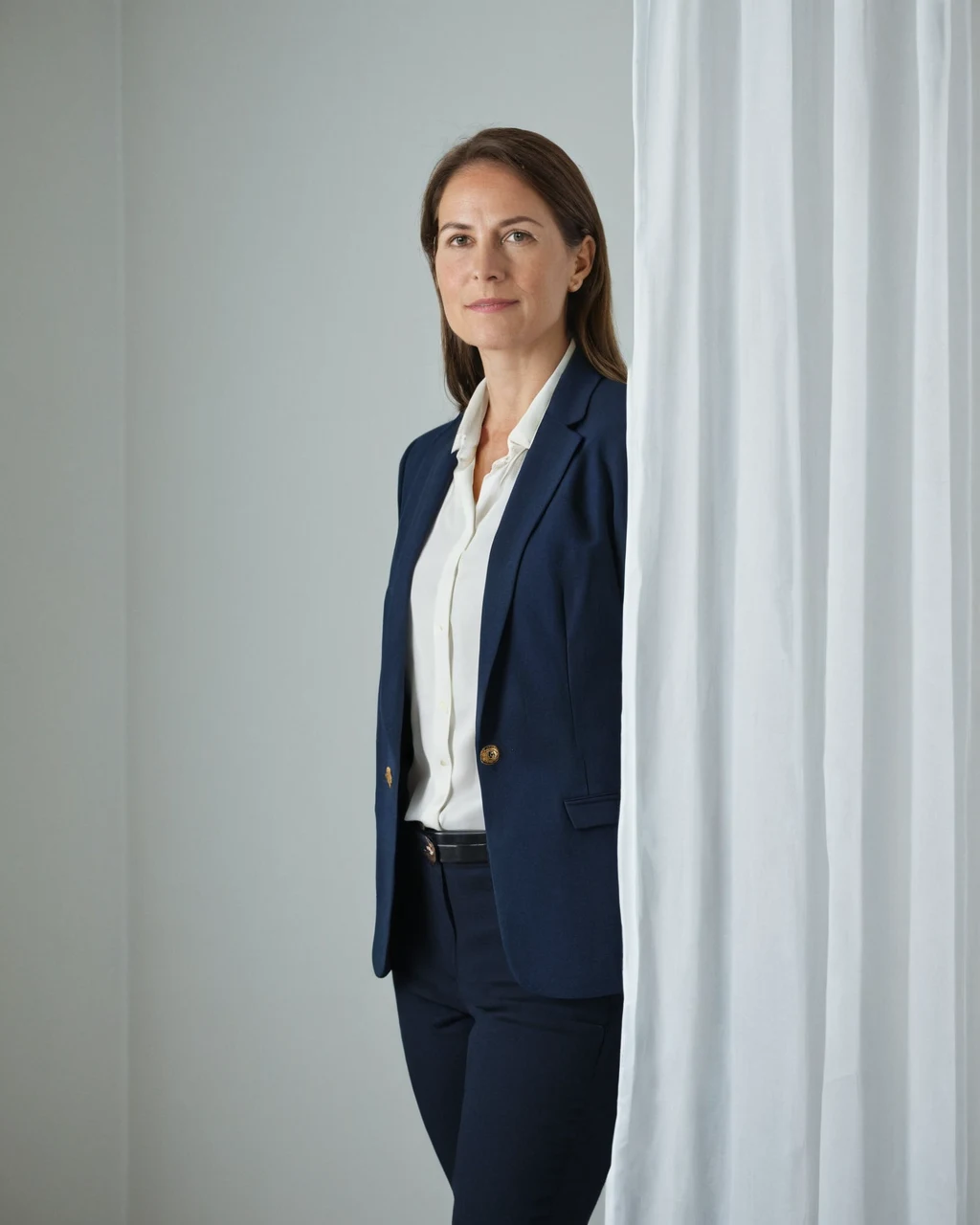 A woman in a navy blazer and white shirt standing beside a white curtain