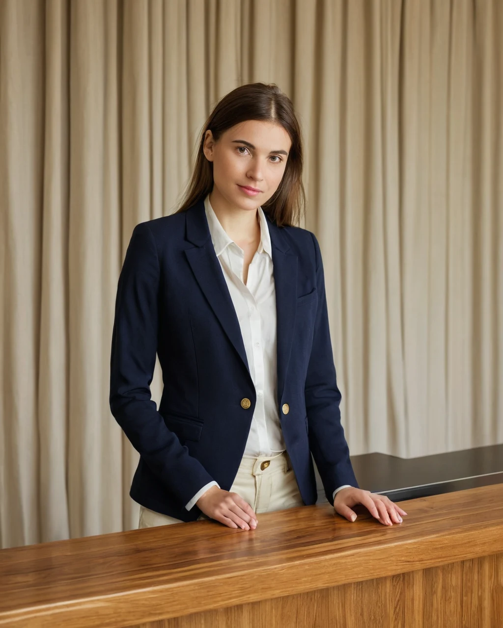A woman in a navy blazer and white shirt leans on a wooden counter