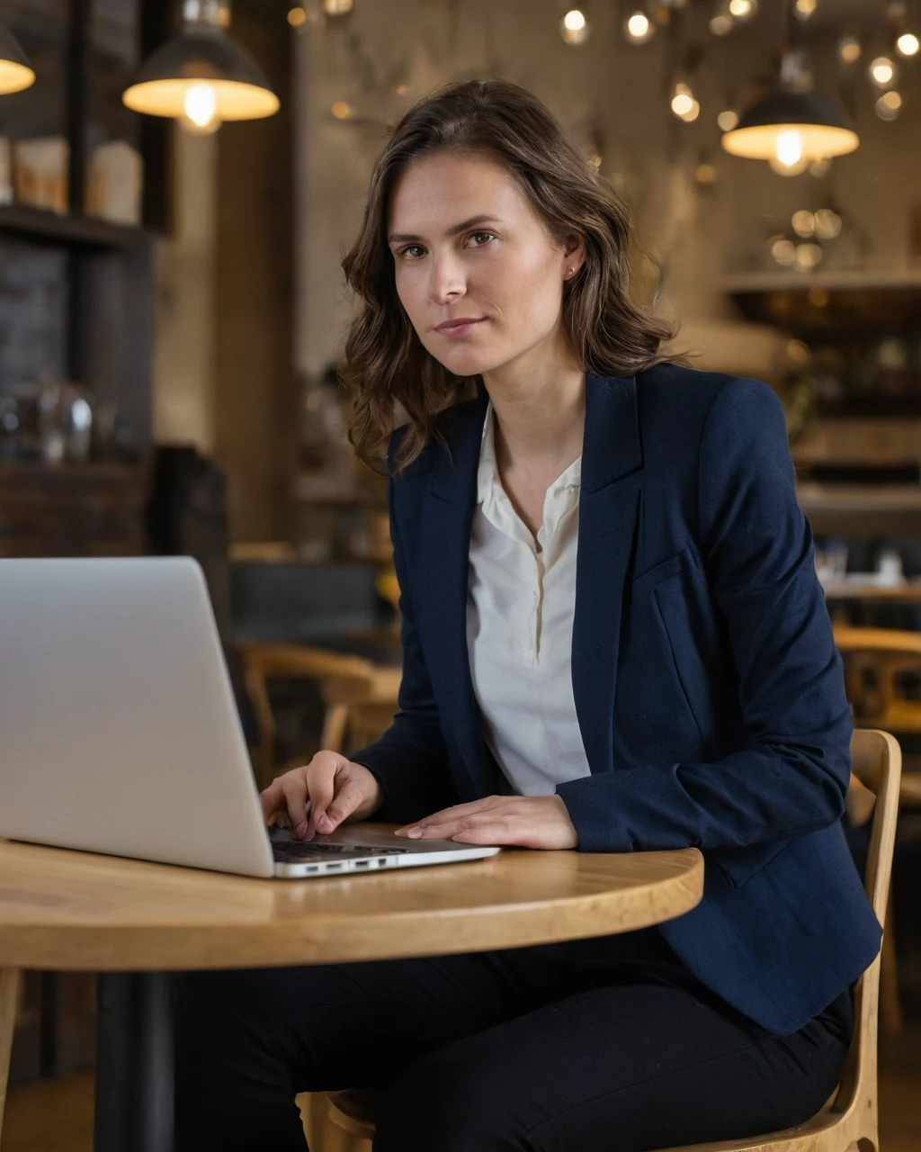 A woman in a navy blazer typing on a laptop at a wooden table in a cafe