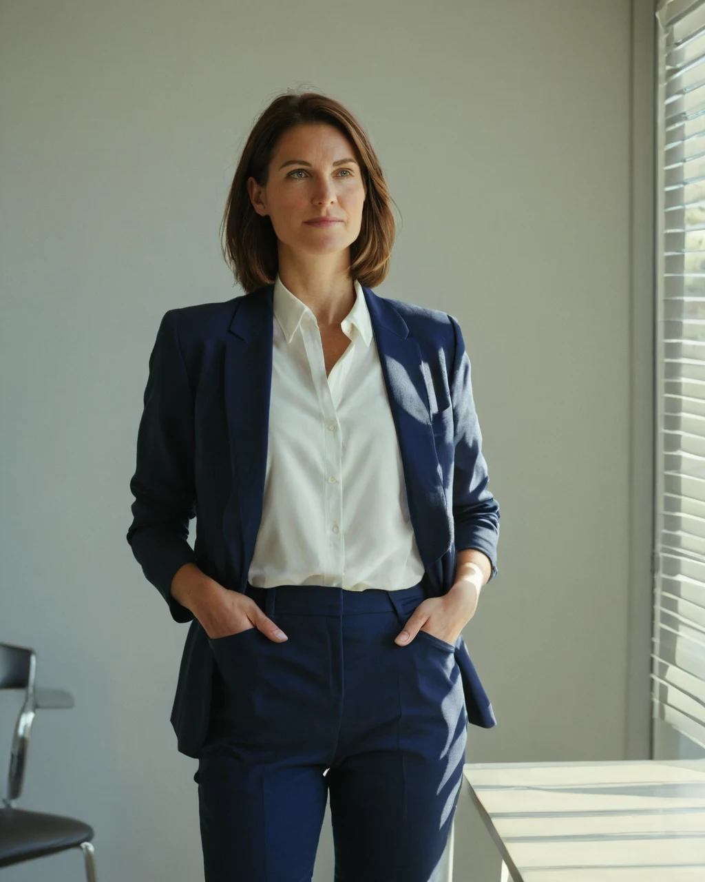 A woman in a navy suit and white shirt stands with hands in pockets