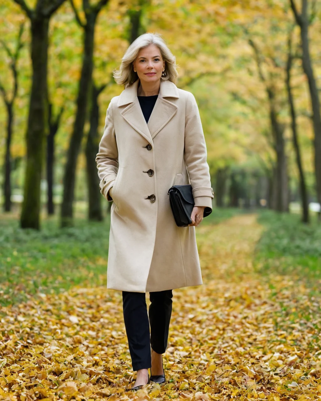 Woman in beige coat walking on leaf-covered path in autumn park