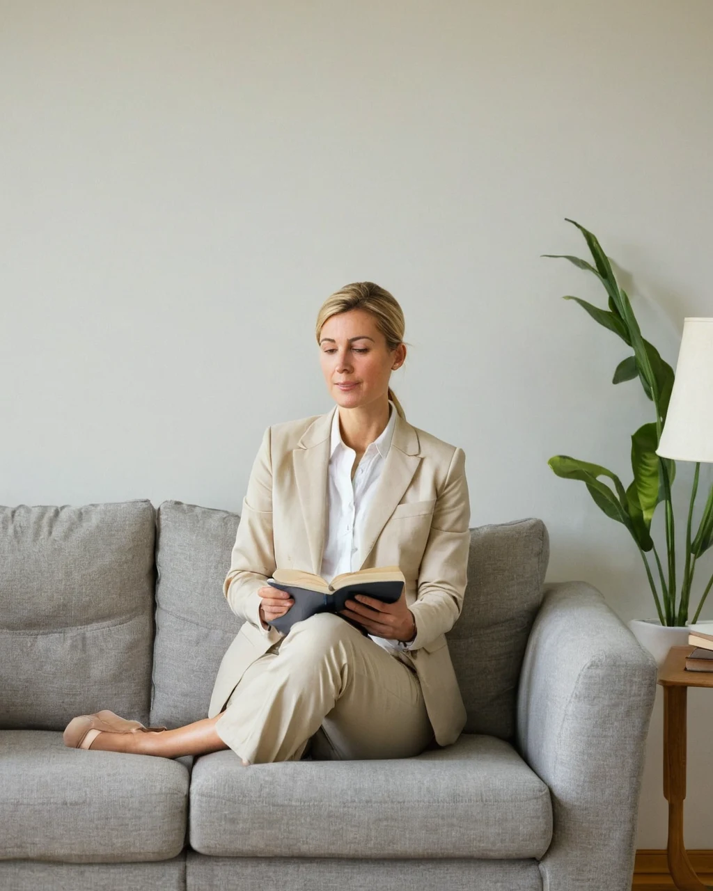 Woman in beige suit reading book on gray sofa near plant and lamp