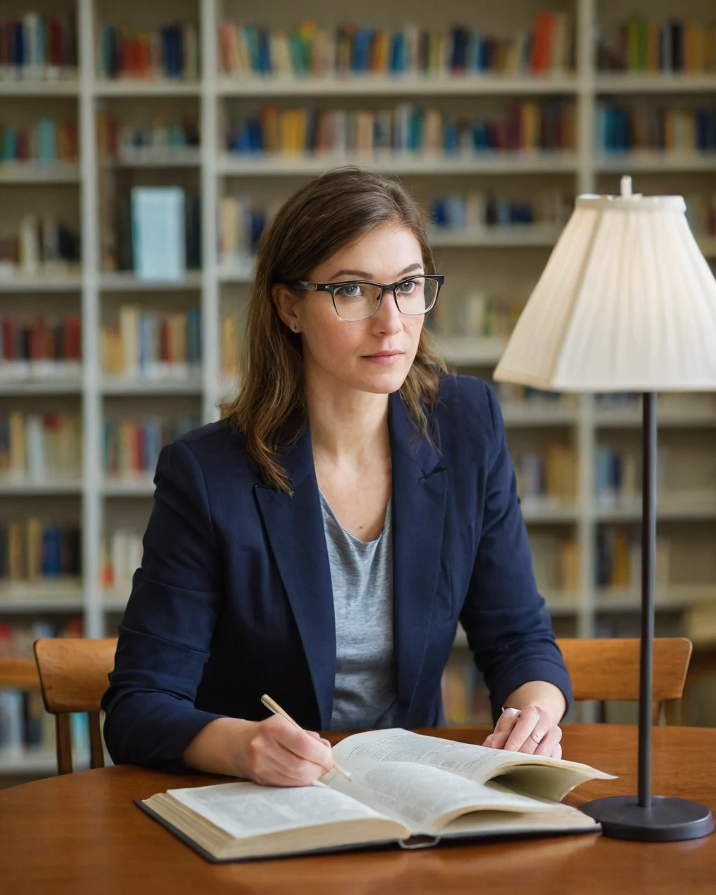 Woman in glasses and blazer studying a book at a wooden desk