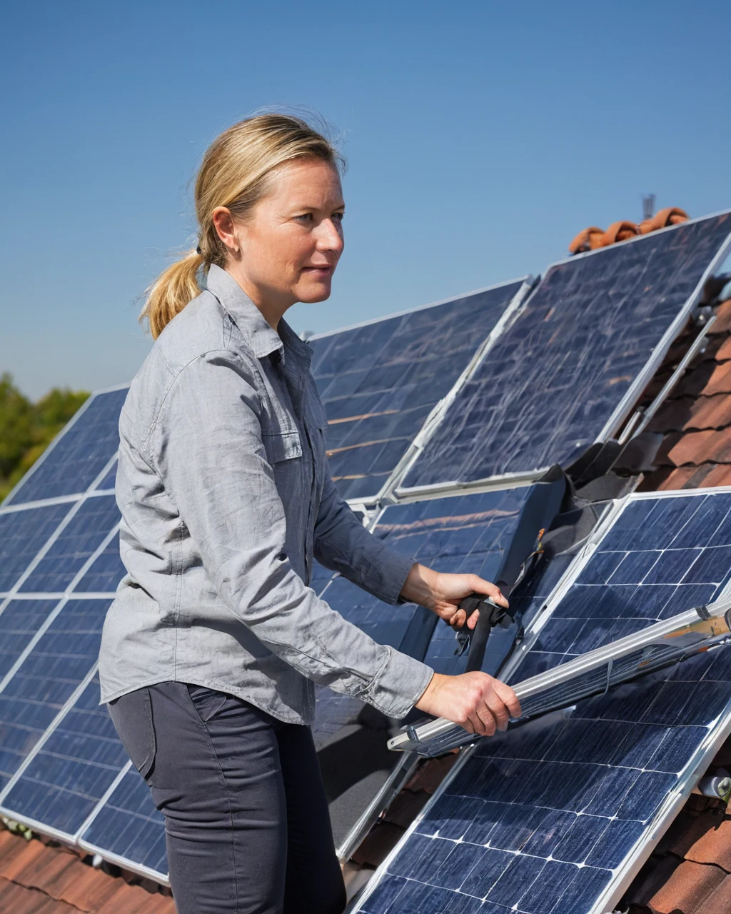 A woman installing solar panels on a red-tiled roof under a clear blue