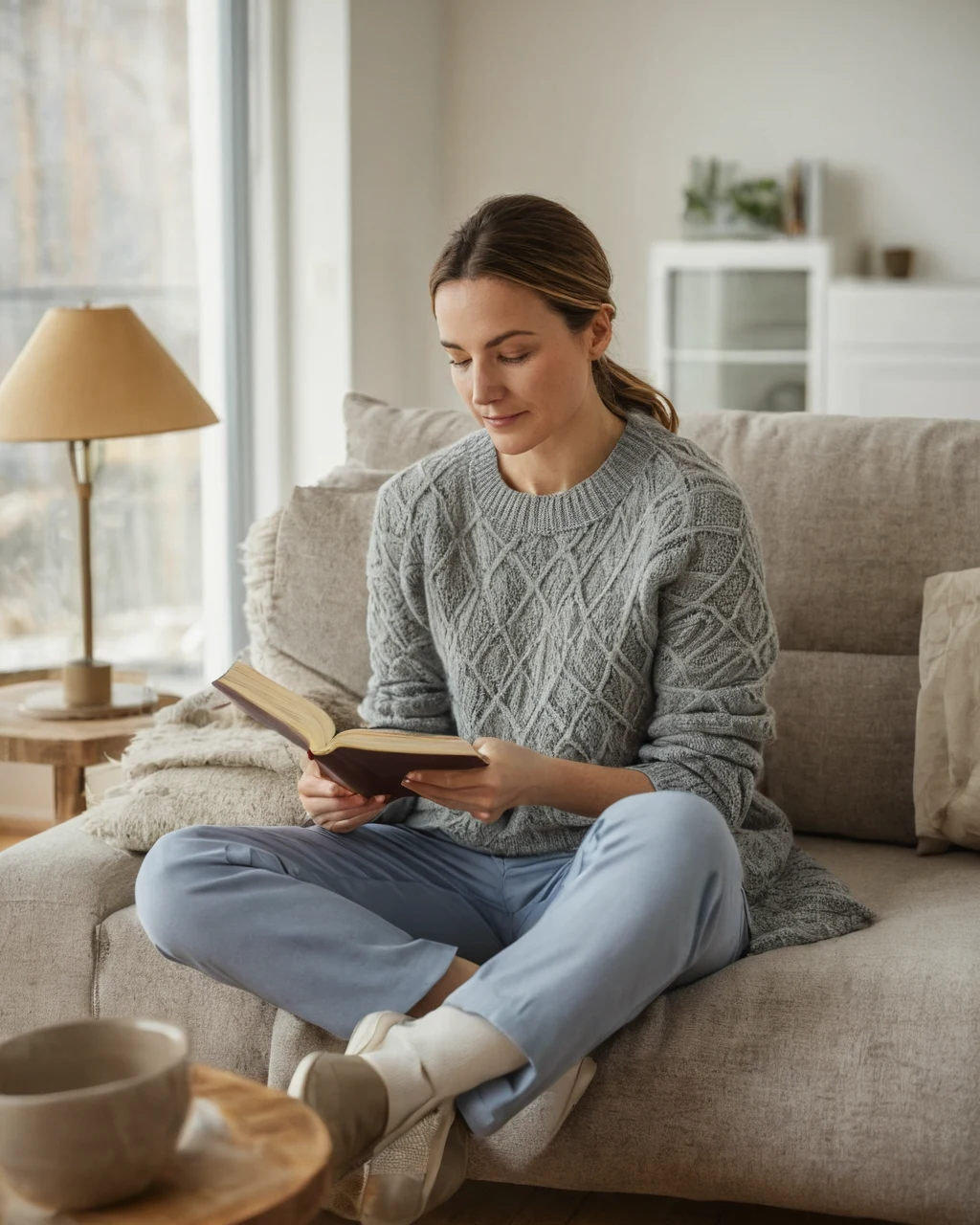 Woman reading a book on a beige sofa in a cozy living room with a lamp