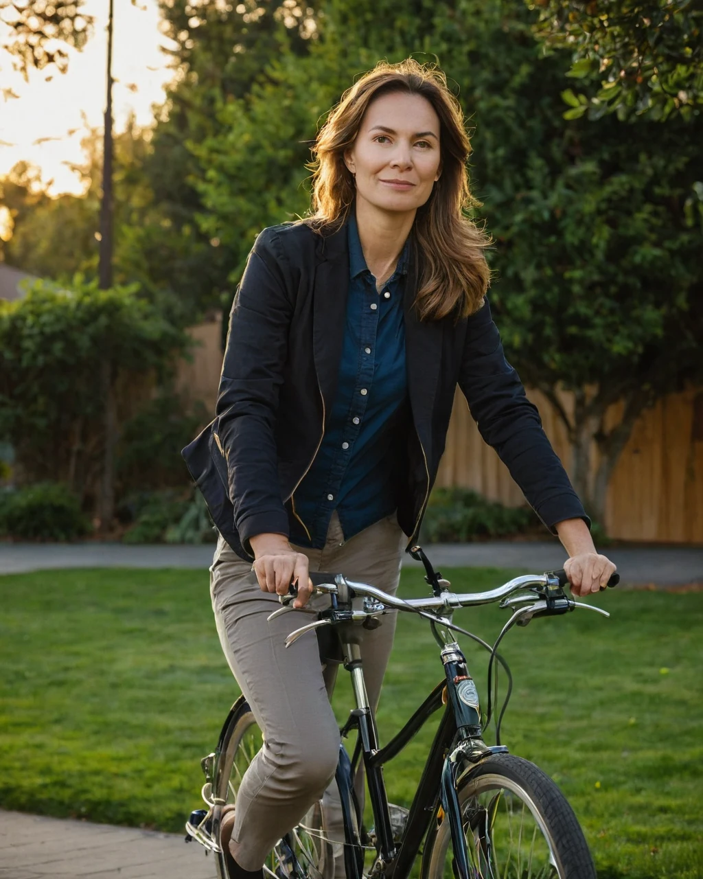 A woman riding a bicycle on a path through a green park during golden