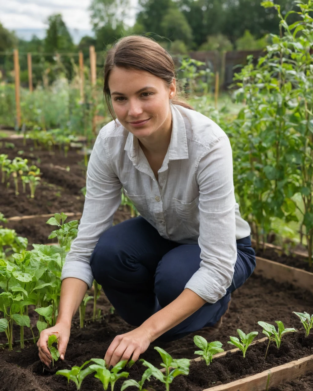 Woman tending young plants in a garden bed with a gentle smile