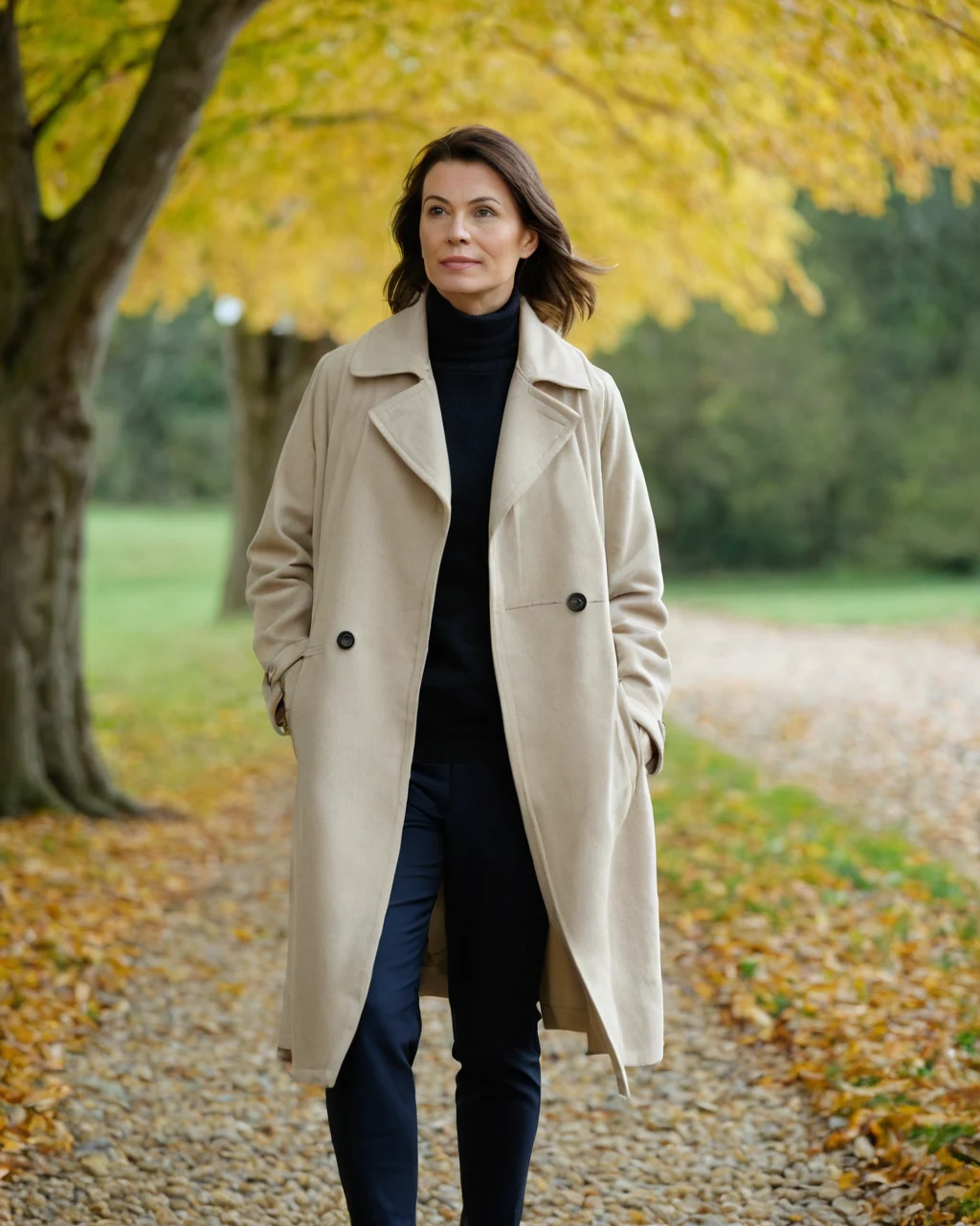 Woman wearing beige coat and black turtleneck walking on gravel path
