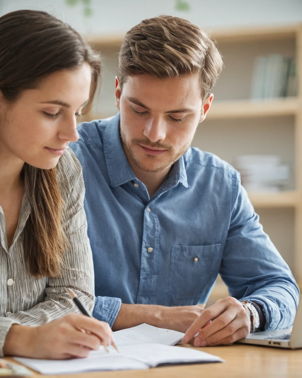 Young couple reviewing documents together at a wooden desk with a laptop